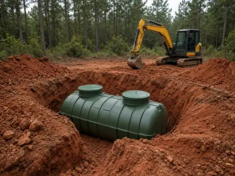 Green aerobic septic tank being installed in red East Texas clay